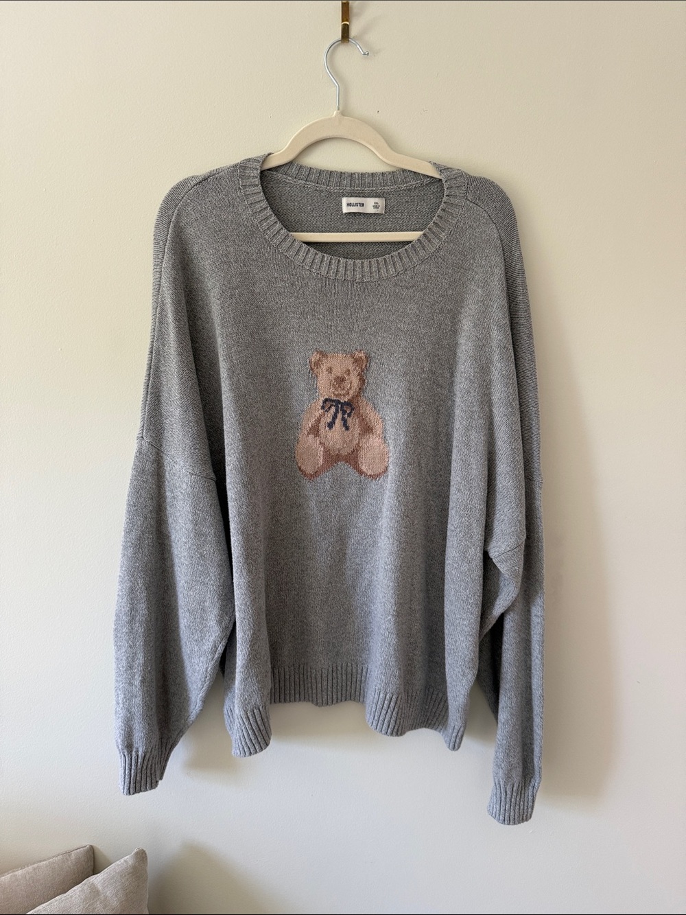 Hollister Grey Crewneck Sweater with Teddy Motif